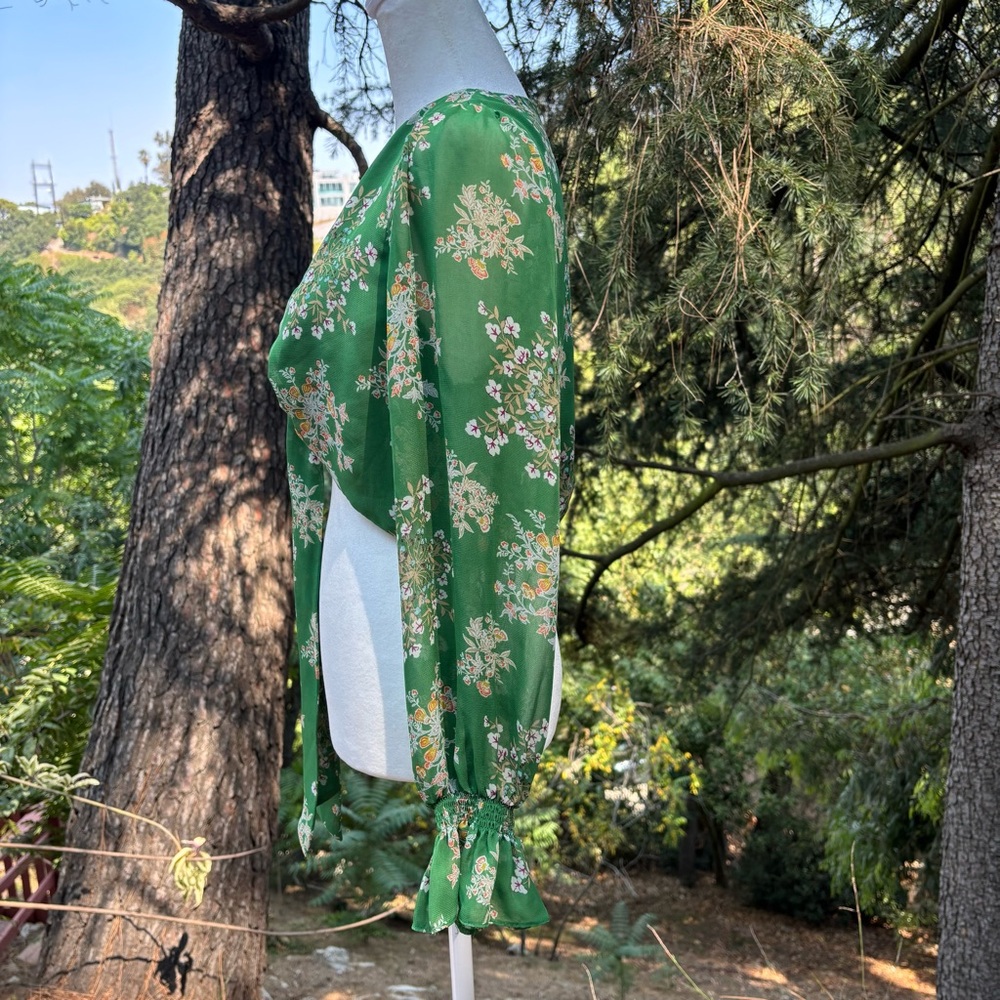 Floral Green Tie-Front Blouse - Picture 5 of 12